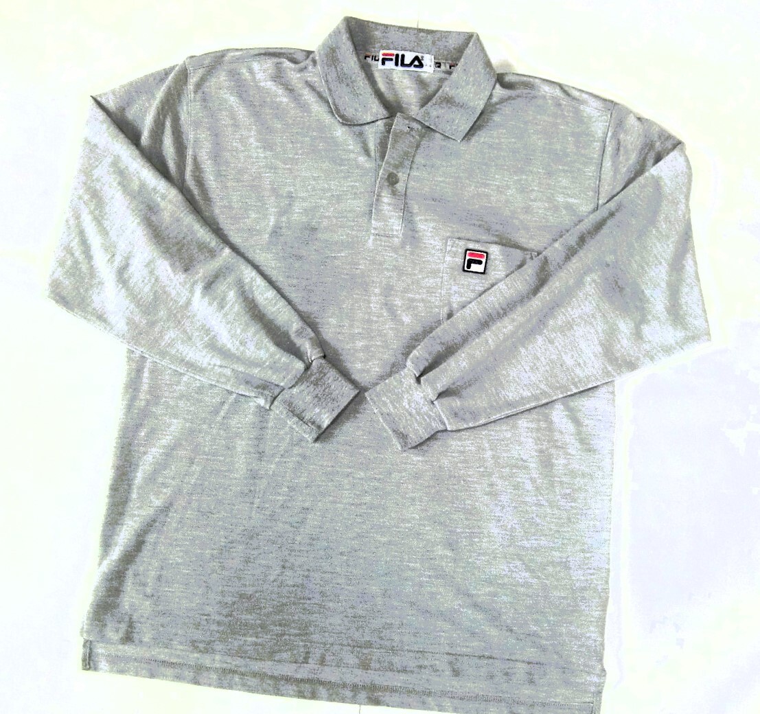 【即決】FILAフィラ刺繍ワッペンロゴ入り鹿の子ストレッチ長袖ポロシャツ★胸ポケットZZZ-4401/メンズL ライトグレー/ロングスリーブ拍卖