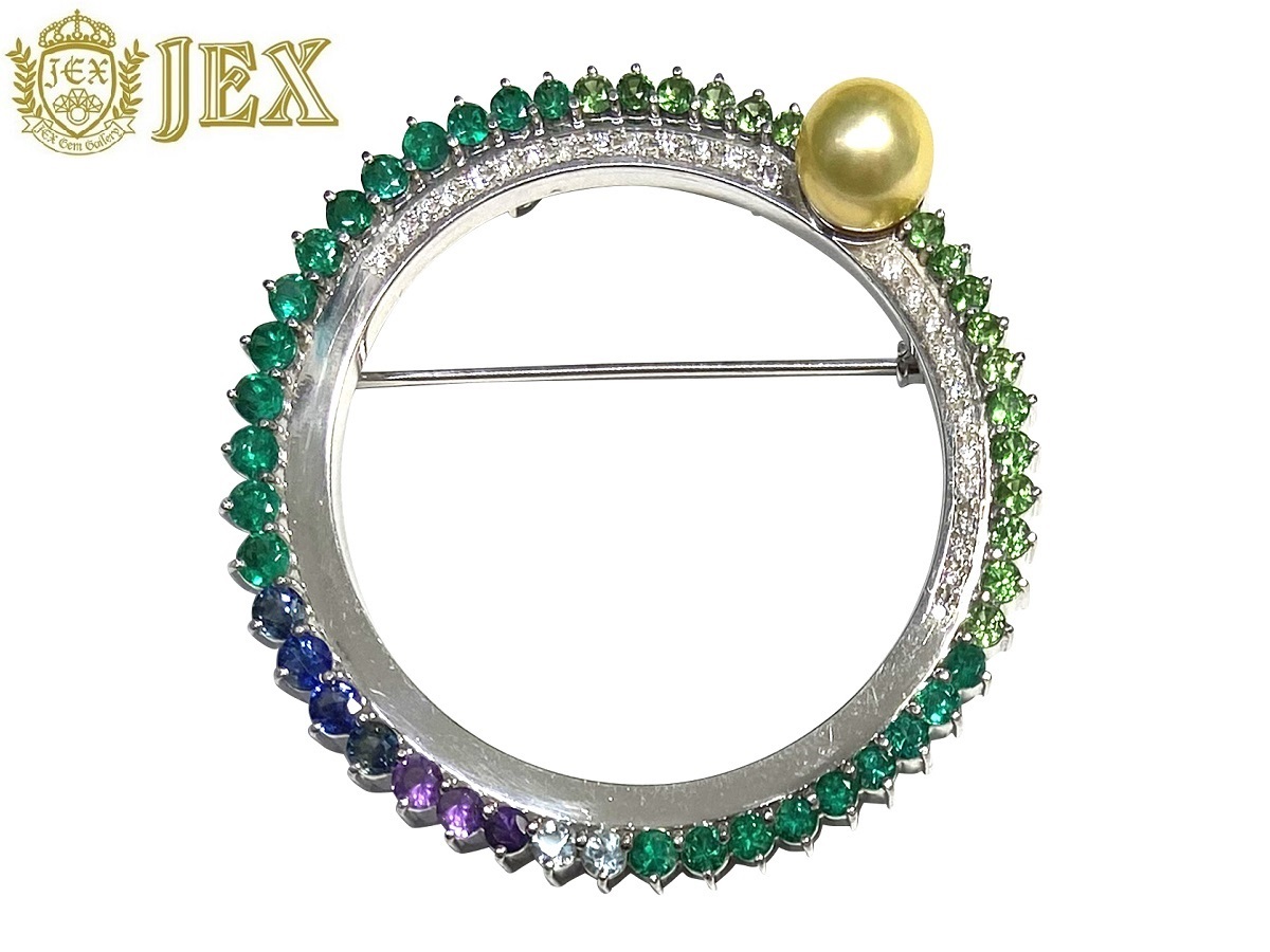 Akoya Pearl Pt900アコヤパール グリーンガーネット エメラルド アクアマリン サファイヤブローチ NO.127975拍卖