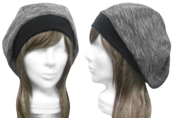 ◇送料無料◇ ハンドメイド◆リブ付ベレー帽◆変り織コットンスラブニット/杢グレーmix ◇ゆったりサイズ・小顔効果・長いシーズン着用◇拍卖