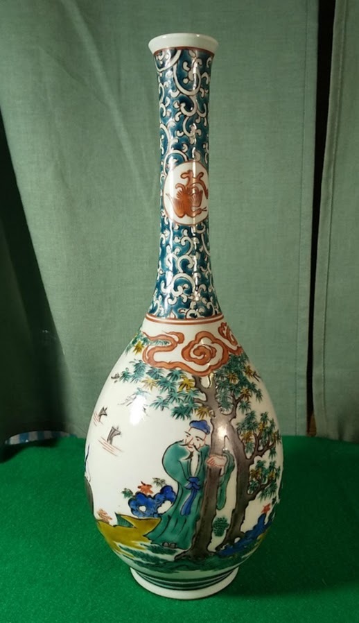 九谷焼 色絵 鶴首 花瓶 角福 高さ27cm 花入 花器 花生●3409拍卖