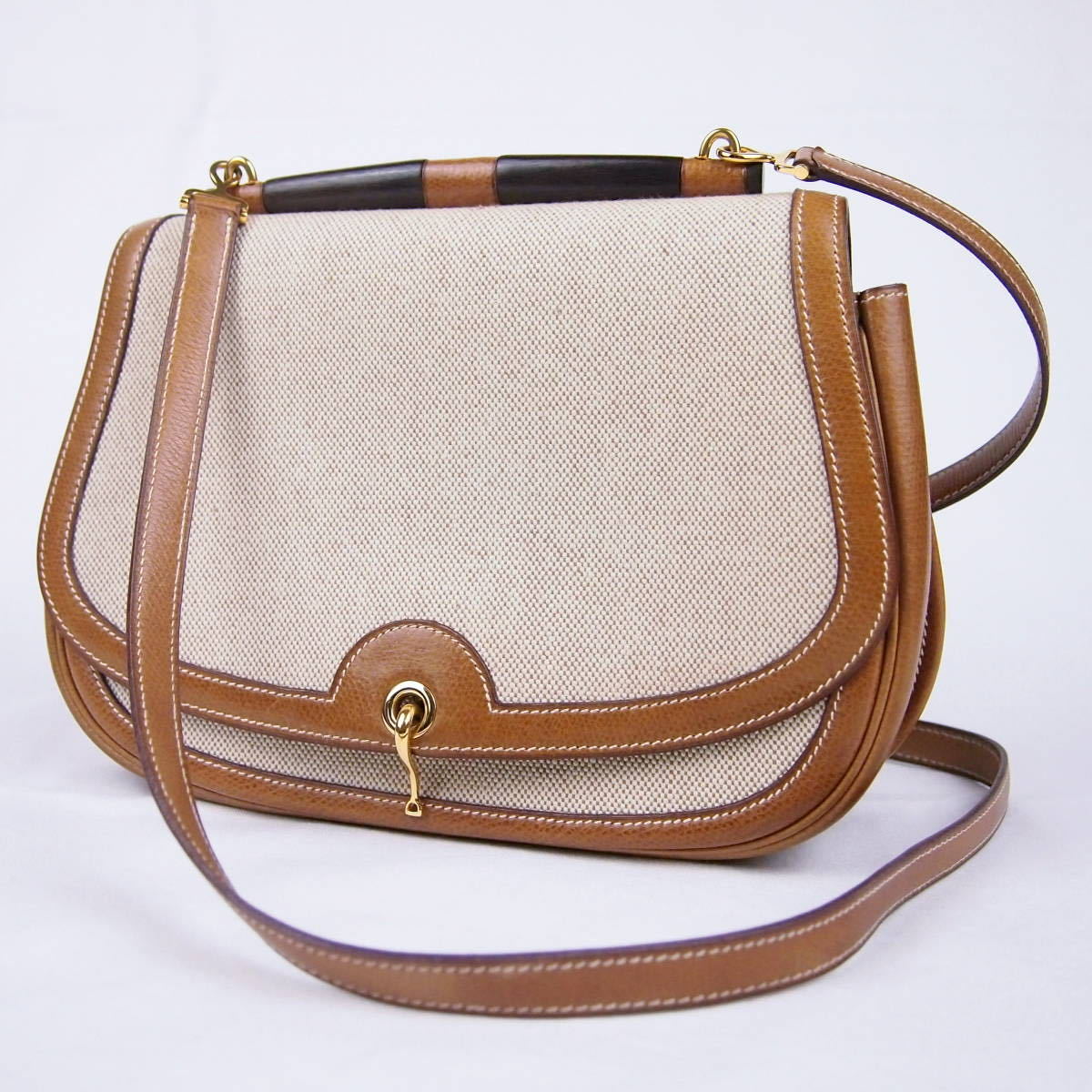 【B399】美品 希少 HERMES ヴィンテージ 1981年 エルメス 木製 トアルアッシュ レザートリム ショルダーバック 刻印〇K拍卖