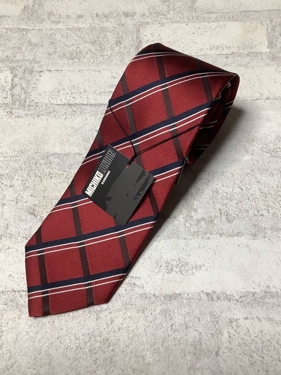 新品未使用 ミチコロンドン 日本製ネクタイ お買い得 エンジ系極上チェック柄 拍卖