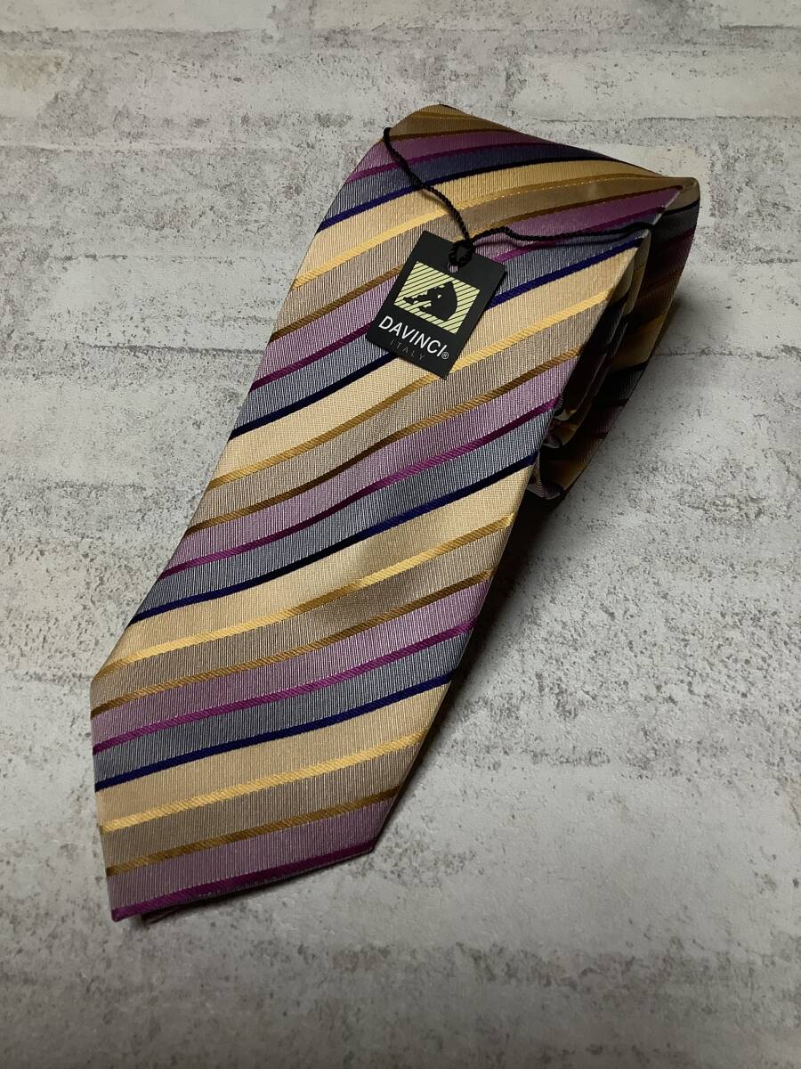 新品未使用★DAVINCI ダヴィンチ 綺麗なストライプ シルク100%ロングサイズネクタイ イエローオレンジ パープルコラボ 拍卖