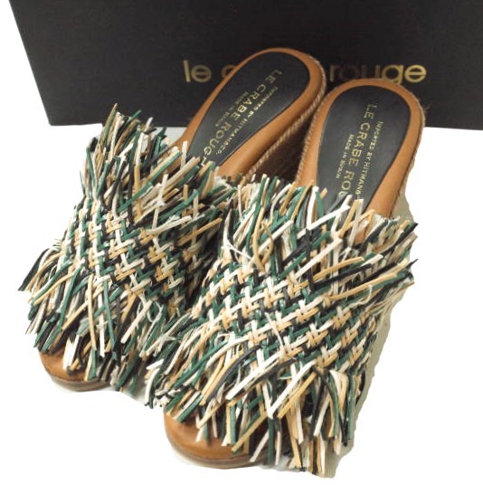 新品 LE CRABE ROUGE ルクラベルージュ スペイン製 COLUMBIA 異素材フリンジ ウエッジソールサンダル 36(23cm) BLACK/GREEN/CUERO g12655拍卖