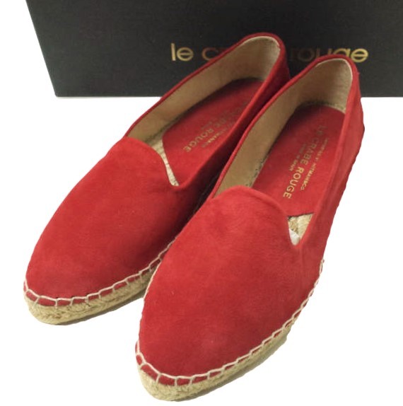新品 LE CRABE ROUGE ルクラベルージュ スペイン製 スエードエスパドリーユ HI5134002 38(24cm) RED レザー スリッポン シューズ g12650拍卖