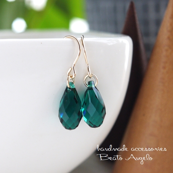 ■+angelo+K14GF スワロフスキー 6010のピアス(p-116)エメラルド L 一粒 ドロップ グリーン拍卖