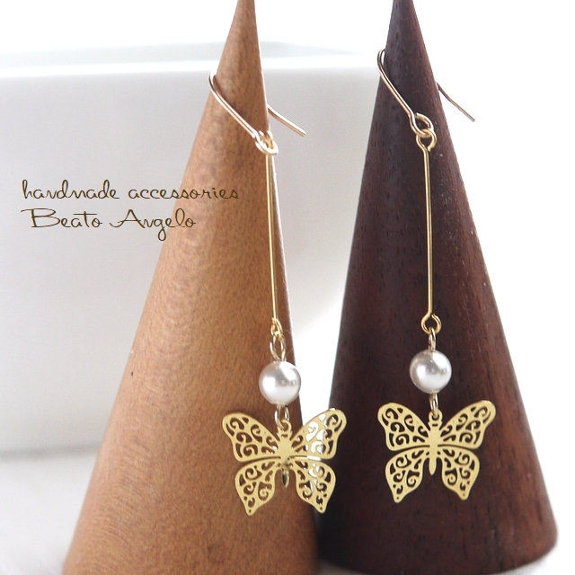 ◆◆+angelo+蝶々とスワロフスキー パールのピアス(p-001)G ホワイト拍卖
