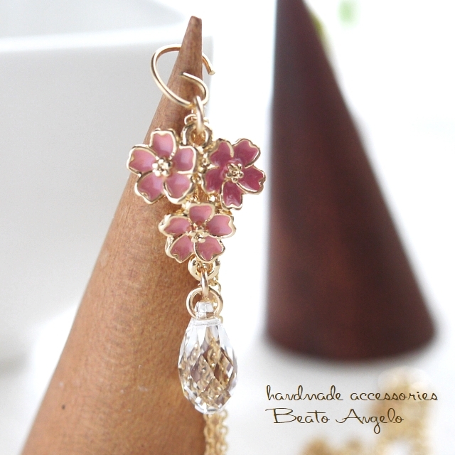 ◇◆+angelo+スワロフスキードロップとさくらのネックレス(n-001)クリスタル G 6010 フラワーチャーム ピンク 春拍卖