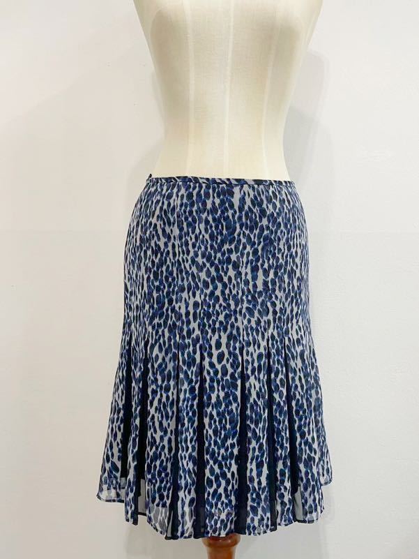 ボッシュ BOSH レオパード柄 フレアースカート ふんわりスカート シフォン ロングスカート ブルー 青 裾プリーツギャザースカート拍卖