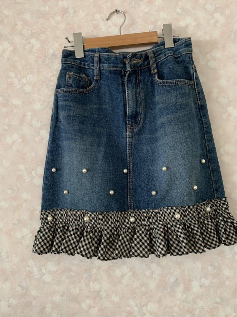 KLANG 韓国ブランド デニムスカート パール S拍卖