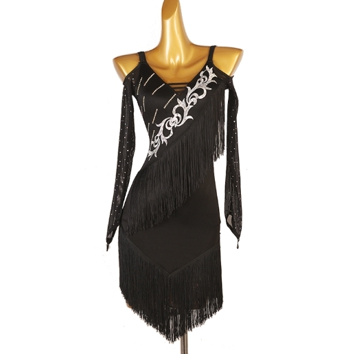 新作 新品 レディース社交ダンス衣装 ラテンドレス ダンス練習試合ワンピース ライトストーン+フリンジ飾 ブラック S~XXL拍卖