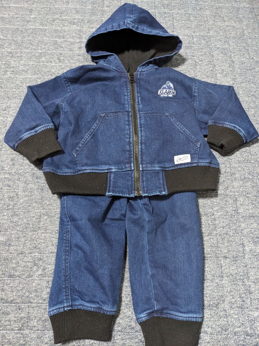 新品未使用 XLARGE エクストララージ セットアップ 90サイズ 子ども キッズ インディゴ ブルー デニム 上下セット 拍卖