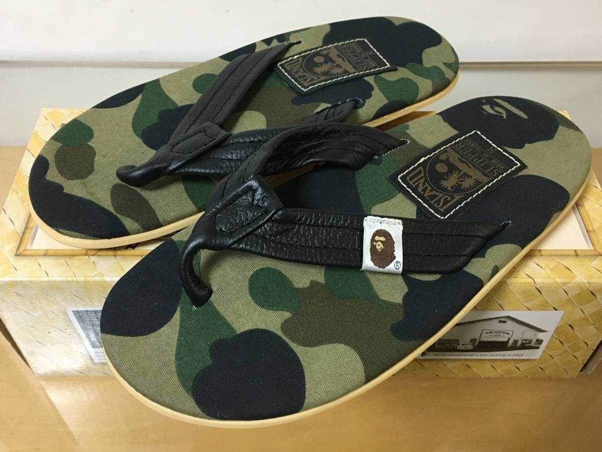 未使用品 A BATHING APE × ISLAND SLIPPER アベイシングエイプ アイランドスリッパ サンダル 猿迷彩 1st camo グリーンカモ サイズ8拍卖