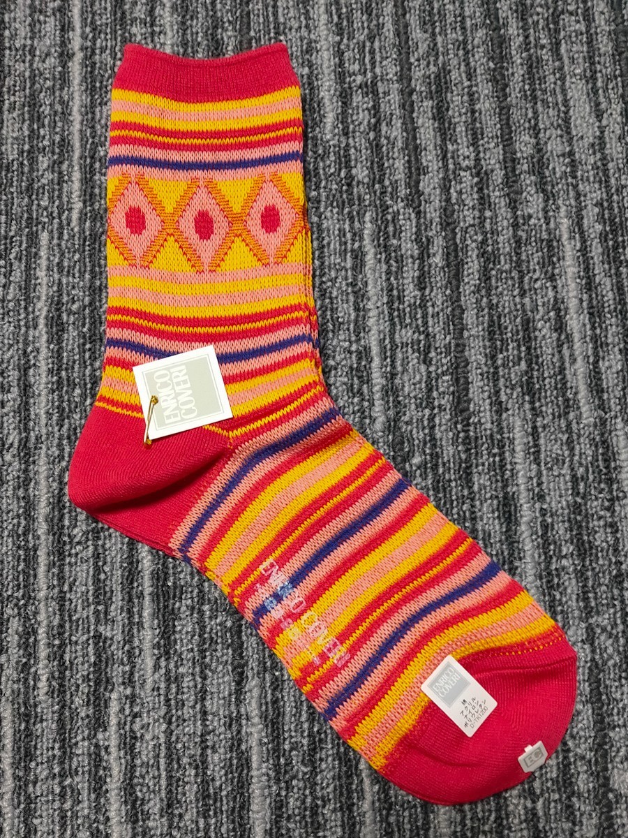 未使用 ENRICO COVERI エンリココベリ 幾何学柄 ボーダー ソックス 23-25cm レトロ 総柄 RENOWN レナウン 靴下 アジアン エスニック拍卖