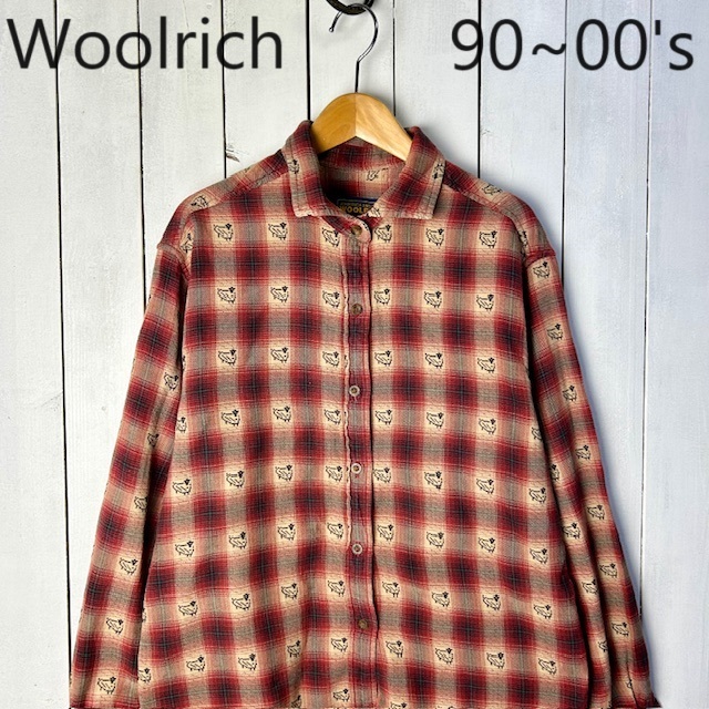 90s~00s WOOLRICH オンブレチェック×羊柄 ライトネルシャツ M~L オールド ウールリッチ コットン シャドーチェック 薄手 ●645拍卖
