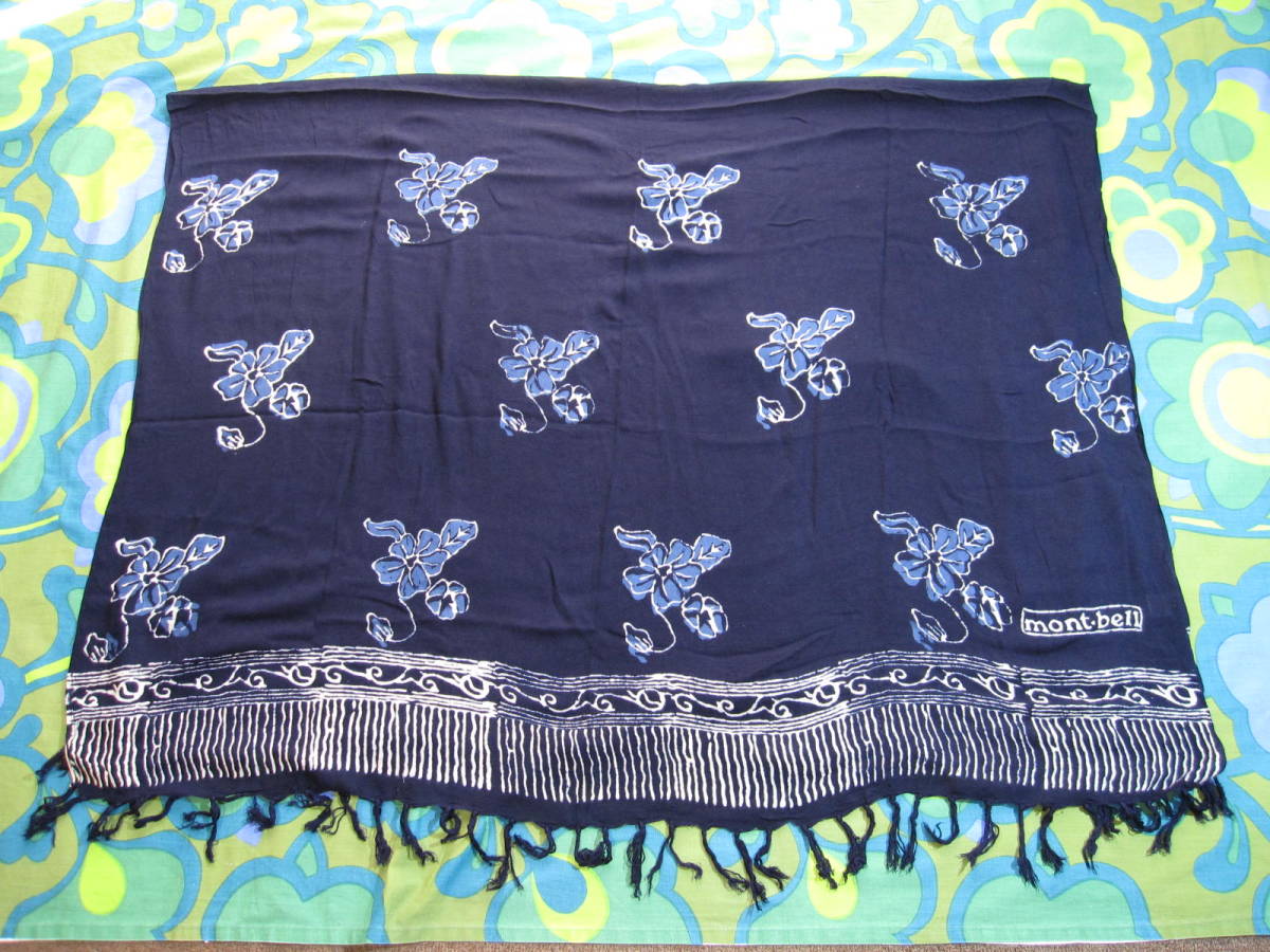 mont-bell モンベル 大判ストール スカーフ 164cm×112cm 濃紺 ホワイト/ブルー系 レーヨン100 使用少ないキレイ キャンプ アウトドア拍卖
