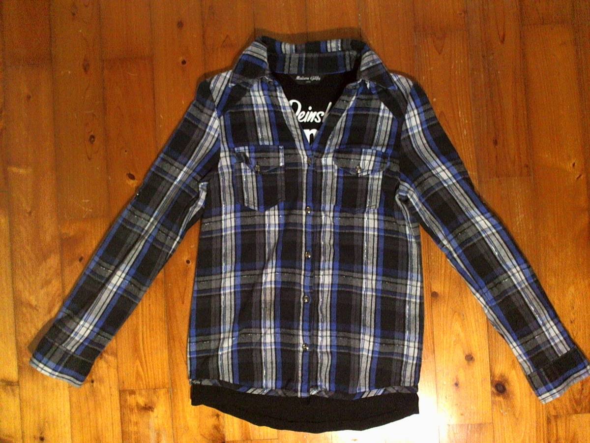 ☆メイソンギルフィー【Maison Gilfy】裏地付き フランネル長袖シャツ 開襟 ネルシャツ ヘビーネル M 青 白 黒拍卖