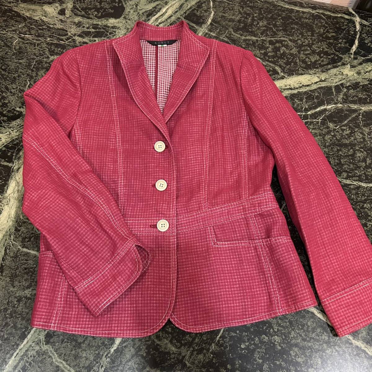 【美品】KORET★コレット 麻混テーラードジャケット 赤系 ピンク系 サマージャケット 9号 綿拍卖