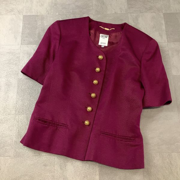 【シルク100%】90‘s フランス製 CELINE セリーヌ ゴールドボタン 金ボタン 半袖 ジャケット レディース 42 XLサイズ パープルボルドー拍卖