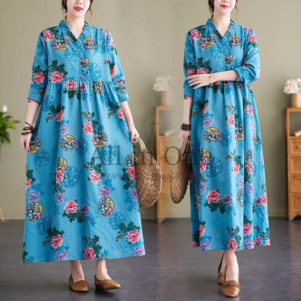 58-4-47 さわやかブルー花柄プリントのロングワンピース 大きいサイズ 【2XL】長袖 ゆったり LL ロング スカート レディース 女性 婦人 .1拍卖