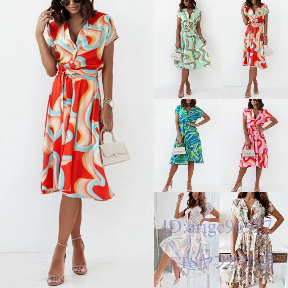 A2305☆新品ワンピース魅惑Styleセクシーポケット付 ボタン 付Vネック リボンベルト 付総柄Aライン フレア ひざ丈 ロング ワンピース拍卖