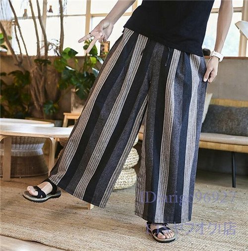 S842☆新品メンズ サルエルパンツ ワイドパンツ ストライプ 綿麻 リネンパンツ ゆったり ハロンパンツ 袴パンツ カジュアル 三色の縞 2XL拍卖