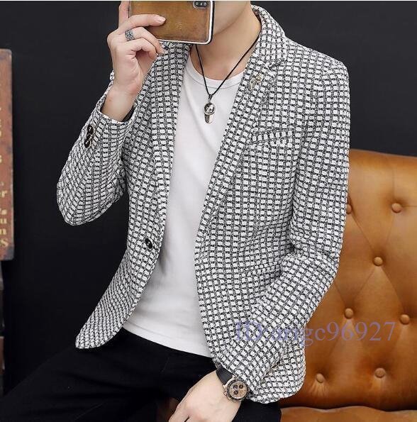 T647☆新品メンズ テーラードジャケット ブレザー カジュアルスーツ ビジネススーツ 通勤 春秋 アウター チェック 白黒 M拍卖