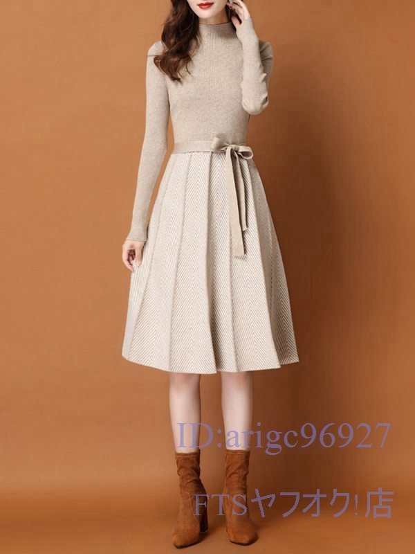 V491☆新品Fサイズ?秋冬上品上質30代40代50代厚地カシミヤウール混暖かい超綺麗ストレッチ気質ニットセーターロングワンピース*ベージュ拍卖