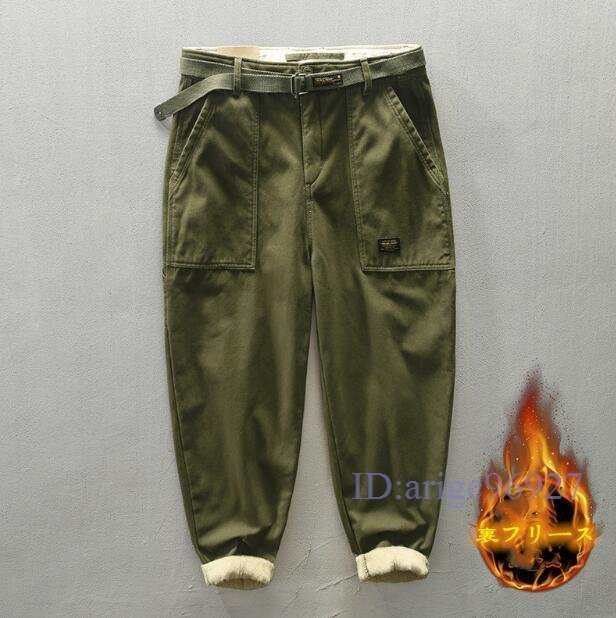 S419☆新品メンズ ワークパンツ カーゴパンツ 裏フリースパンツ ベルト付き 裏起毛ボア ジョガーパンツ 作業ズボン グリーン w29~w38拍卖