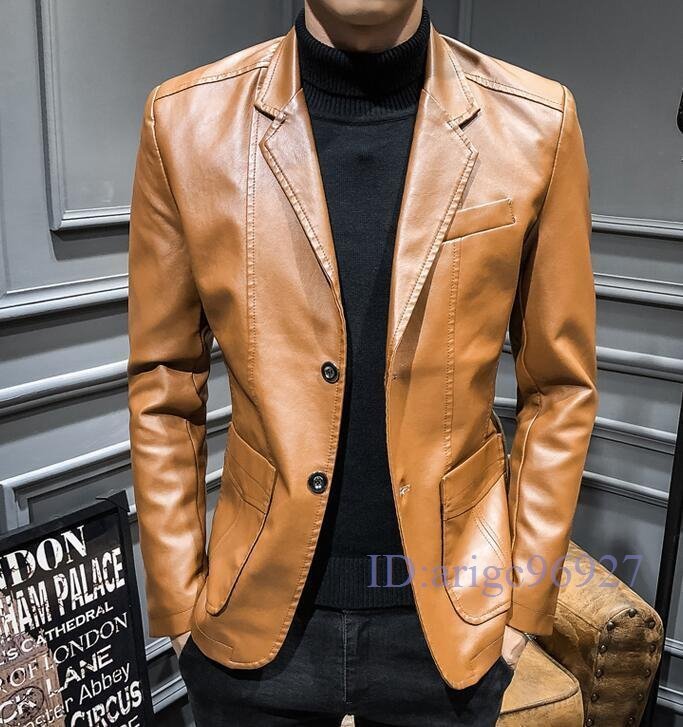 T368☆新品秋冬メンズ テーラードジャケット アウター メンズレザージャケット ライダース レザージャケット 紳士服 スリム イエロー M~5XL拍卖