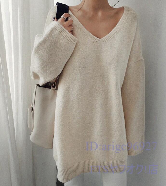 A2065☆新品Fサイズ 秋 オシャレ 大人気 Vネック 大きいサイズ 長袖 ニットセーター 暖かい ルーズ ニットトップス * 杏色拍卖