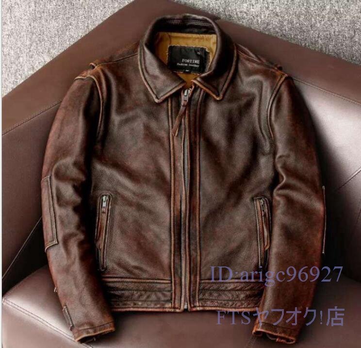 U948☆新品レザージャケット ライダースジャケット カウハイド 革ジャン 本革 メンズファッション バイク 牛革 アメカジ ヴィンテージ加工拍卖
