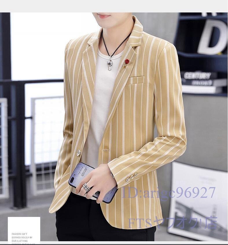 A1579☆新品M~3XL メンズテーラードジャケット ブレザー カジュアルスーツ ビジネススーツ ボーダー柄 紳士服 アウター カーキ拍卖