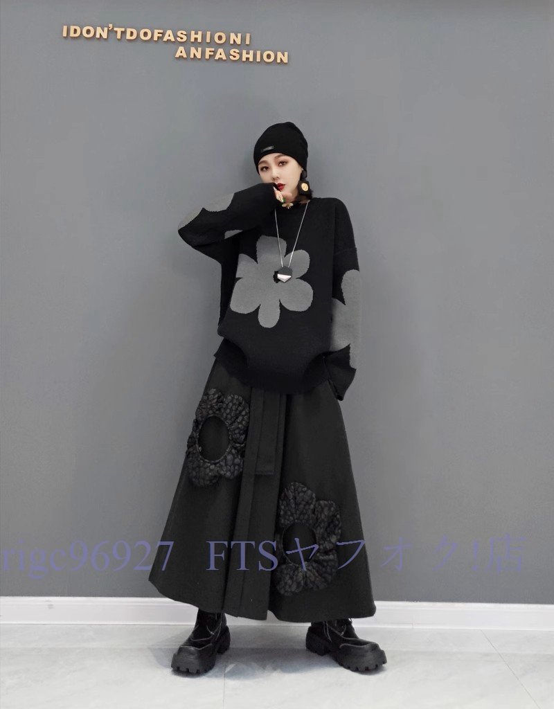 A5750☆新品チュニック&スカート2点セット トレーナー トップス 大人可愛 花柄 ゆったり ブラック 楽ちん拍卖