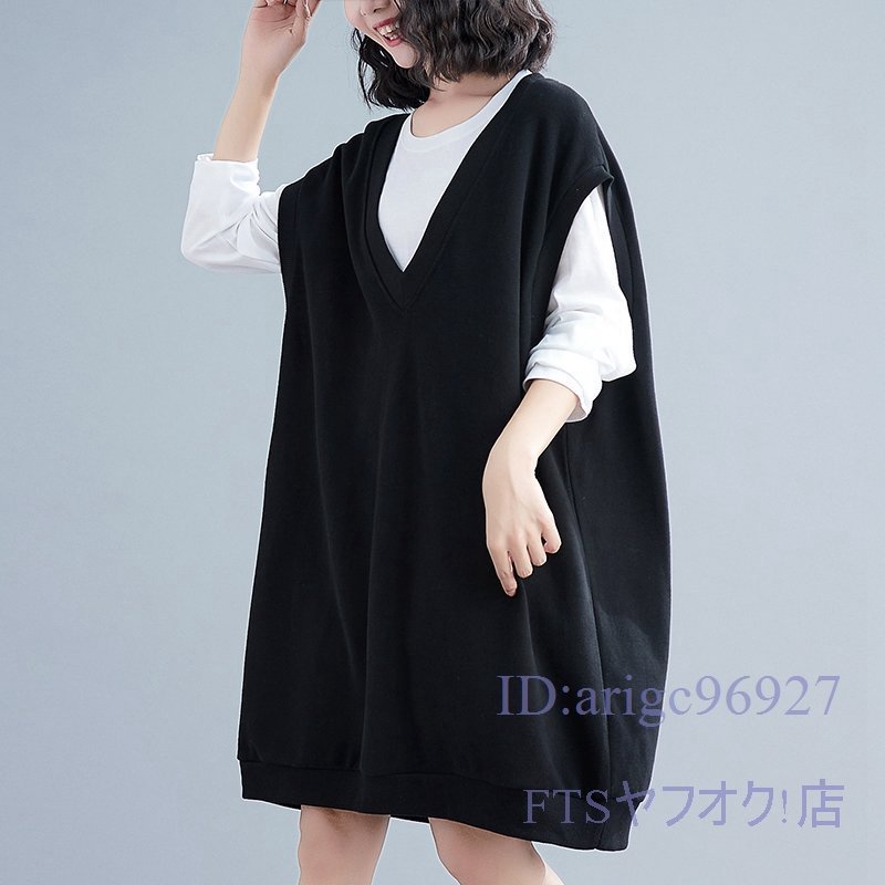 A2625☆新品レディース カジュアル ゆったり大きいサイズ 体型カバー 無地 袖なし チュニック ひざ丈スカート 黒拍卖