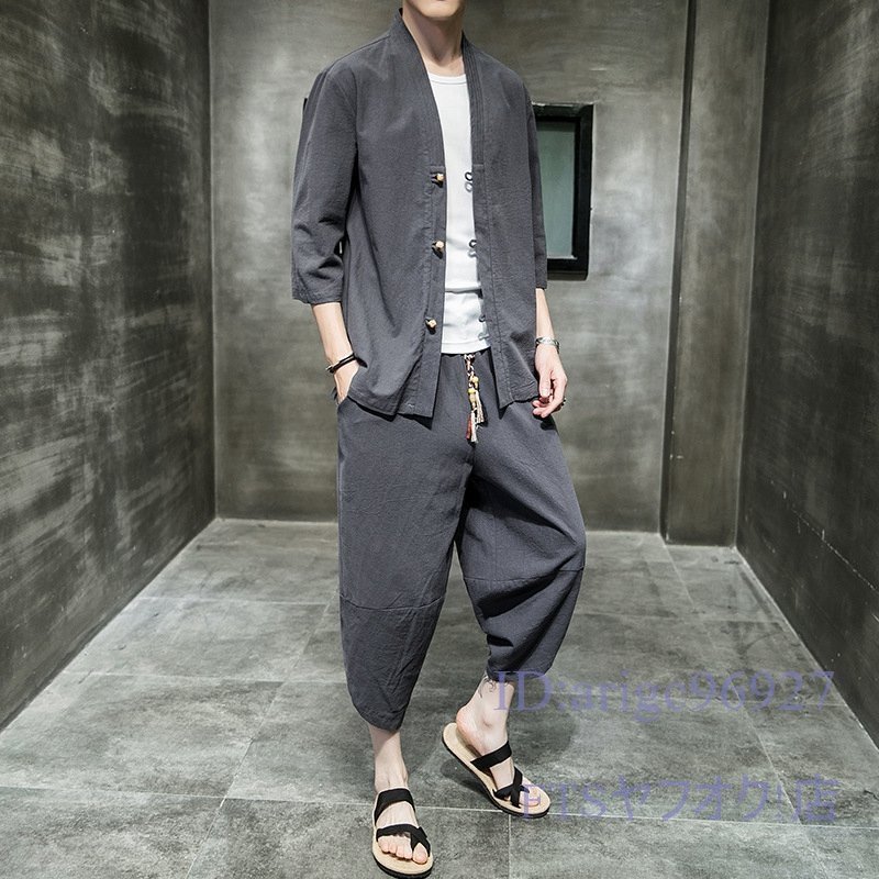 A2648☆新品ジャージ メンズ 綿麻セットアップ 上下セット カジュアル 半袖シャツ サルエルパンツ 部屋着 涼しい夏 オシャレM~5XL拍卖