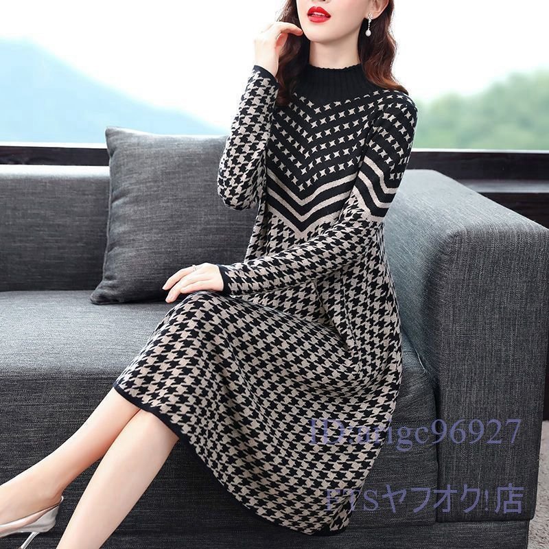 A0632☆新品上質20304050代 プリント柄切り替え ひざ丈ワンピース カシミヤ混 ニット ワンピース 園行事 フォーマル 長袖 *黒拍卖