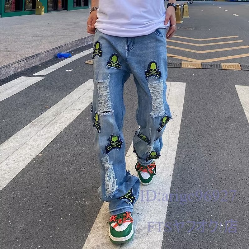 S653☆新品メンズ デニムパンツ ジーンズ ワイドパンツ ハロンパンツ ヒップホップ スタイル ジーパン 刺繍 ゆったり ブルー L拍卖