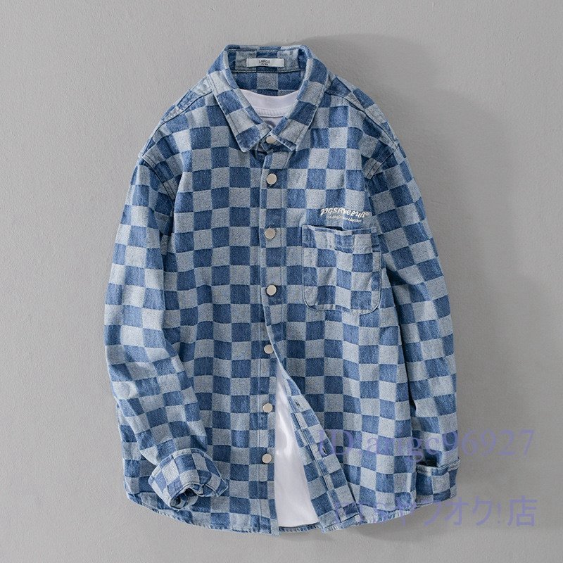U119☆新品長袖シャツ シャツジャケット 開襟千鳥格子 ウエスタンシャツ 春秋冬服 ブルゾン メンズ* トップス カジュアル ブルー 2XL拍卖