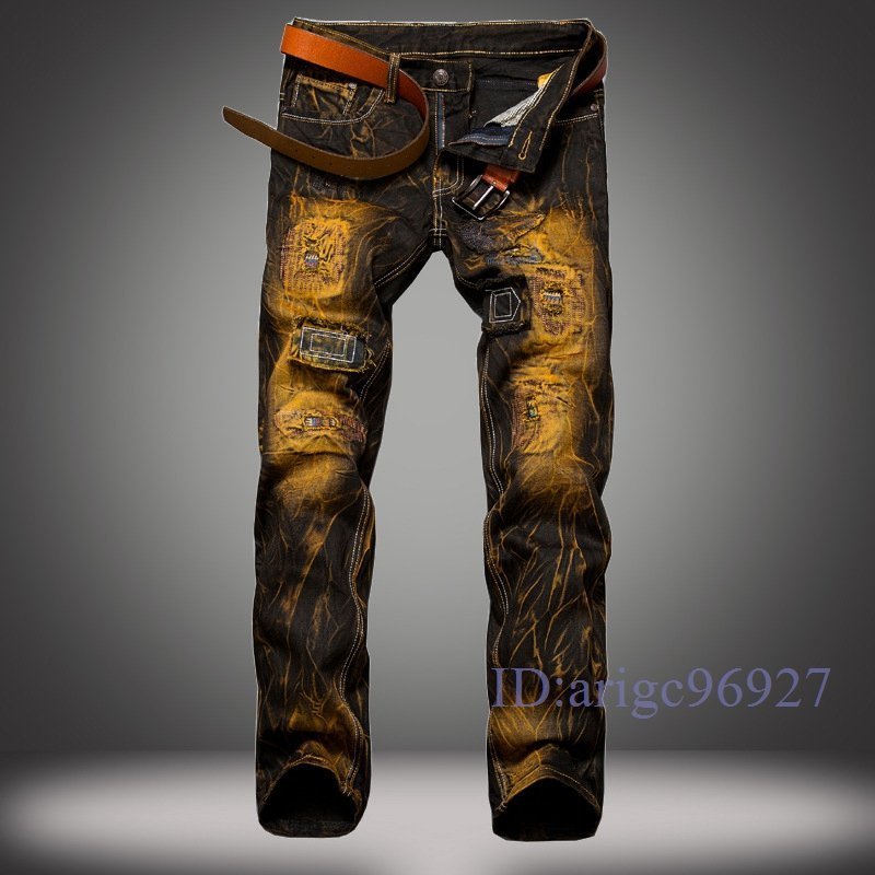 T579☆新品メンズ デニムパンツ ジーンズ ダメージ ライダー パンツ スキニーパンツ バイクパンツ ジーパン イエローw29拍卖