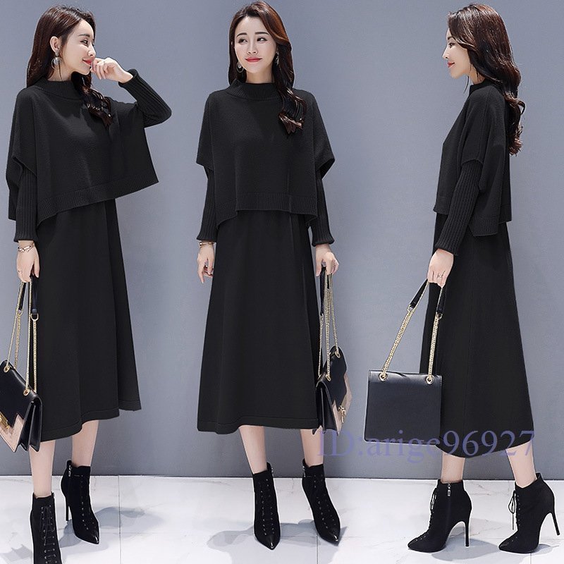 T365☆新品レディース ニットセーター スカート セットアップ セレモニースーツ 2点セット 通勤 入学式 卒業式 フォーマル ブラック S~XL拍卖