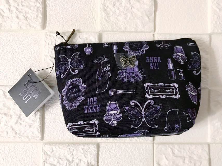 新品 タグ付き ★ ANNA SUI アナスイ コスメ柄 化粧ポーチ ブラック×パープル ★ 小物入れ コスメポーチ バタフライ 猫 プレゼントにも拍卖