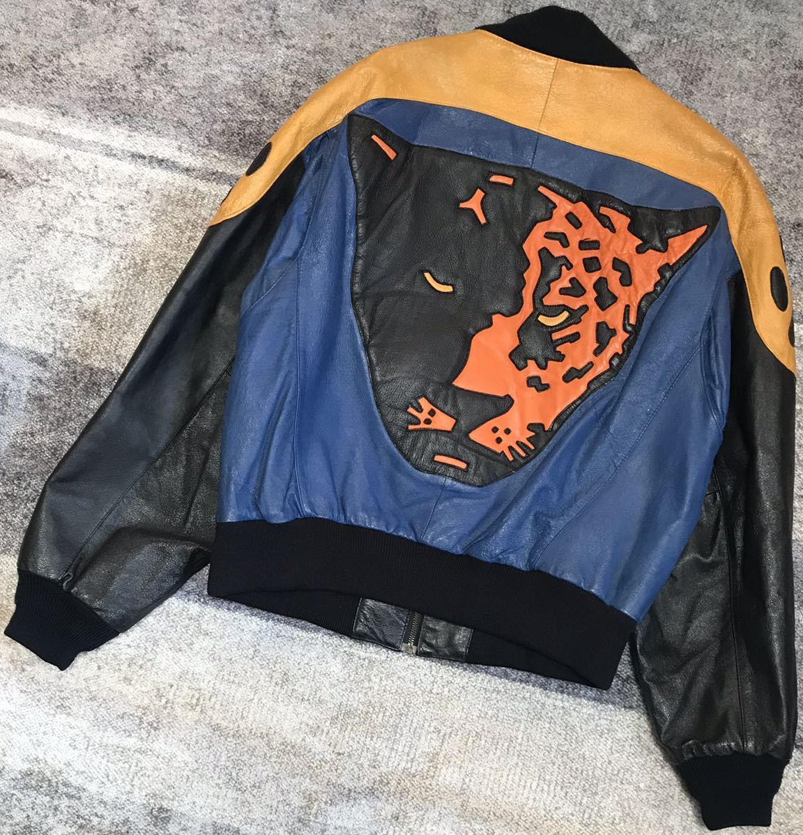 超レア 幻 インパクト抜群 90's vintage 圧巻の豹&黒豹 ★ HARAJUKU MOTHER ★ ハラジュクマザー ラムスキン オールレザースタジャン L拍卖