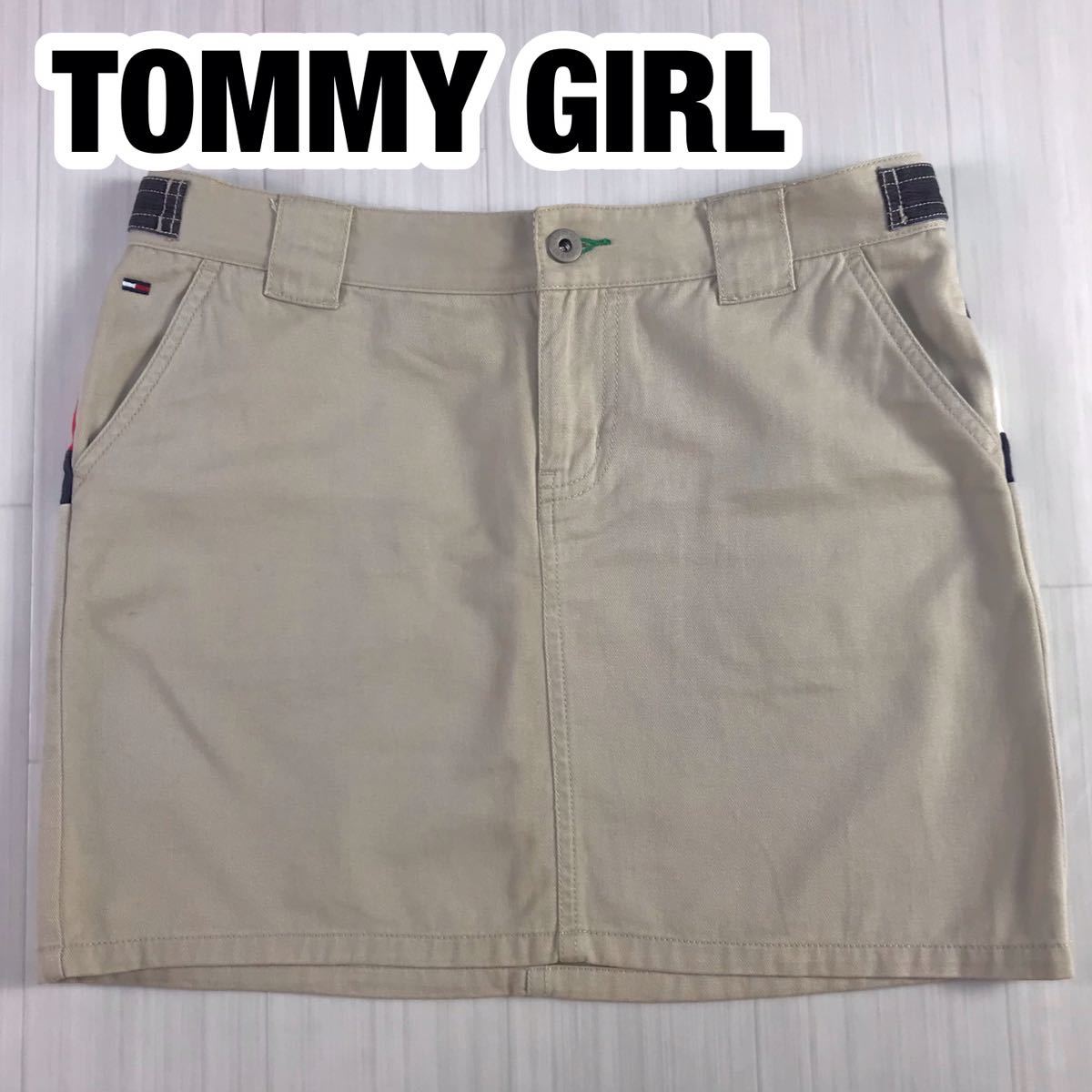 TOMMY GIRL トミー ガール ミニスカート コットンスカート M ベージュ×ネイビー×レッド×ホワイト 刺繍ロゴ 刻印ボタン拍卖