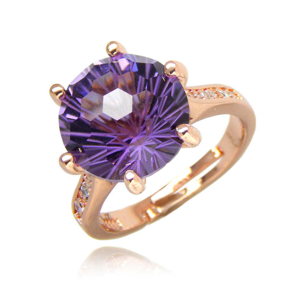 再入荷★人気★即決 豪華 花火カット 極大粒 CZダイヤモンドリング シルバー925 Gold Plated 限定 アメジスト レディース ジルコニア 指輪拍卖