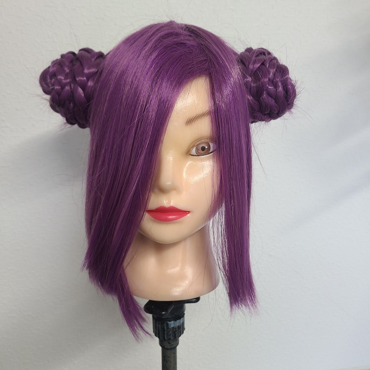 【Sサイズ】お団子ツイン☆赤紫のセット済みウィッグ☆チャイナ風ツインテ☆パープルウィッグ☆ フルウィッグ コスプレ ウィッグ 耐熱拍卖