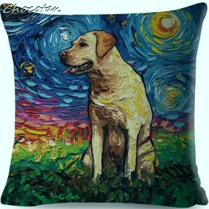 【送料無料】イエロー ラブラドール ⑥ ゴッホ風 クッションカバー【新品】拍卖