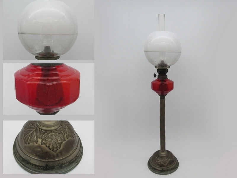 時代 オイルランプ 赤 ■ 蔵出し 座敷らんぷ 台ランプ■ 明治期 大正か h約77cm 骨董 9423■拍卖