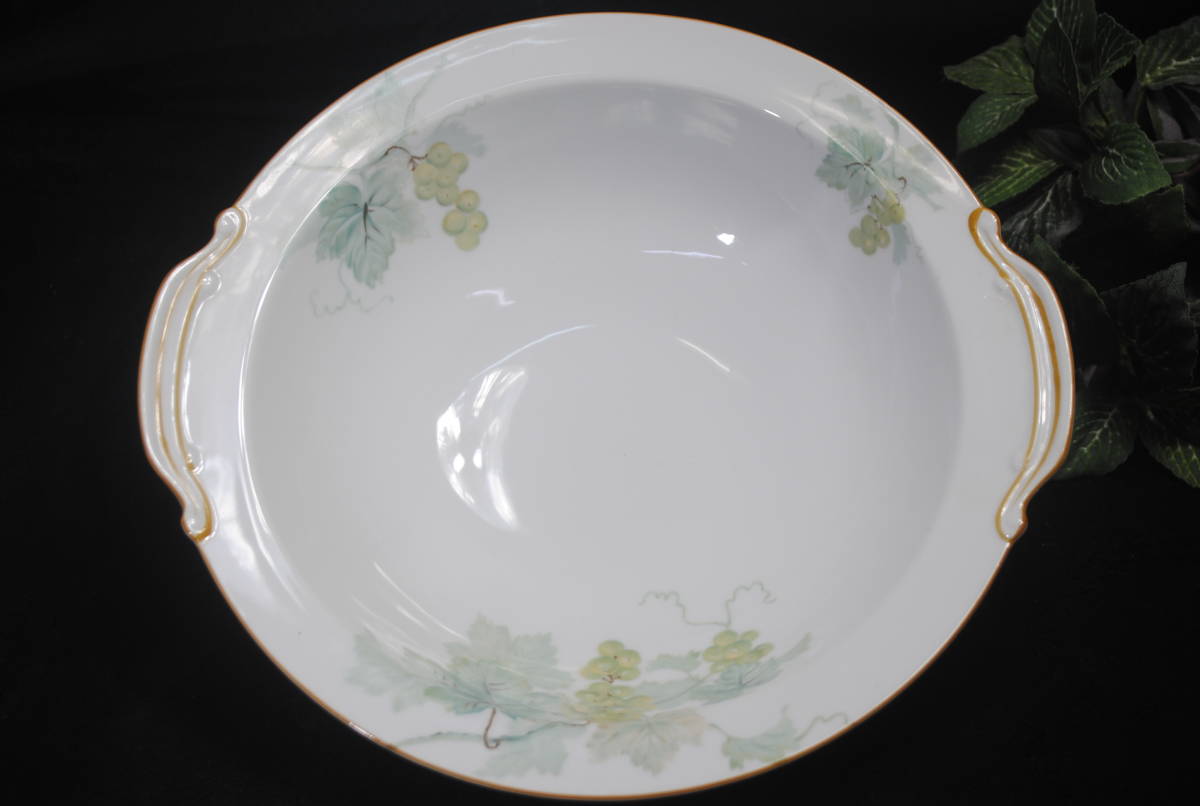は813.日陶 Noritake Caina 日本陶器会社 月桂樹 日陶印 ぶどう柄 持ち手付ボウル 盛鉢 拍卖