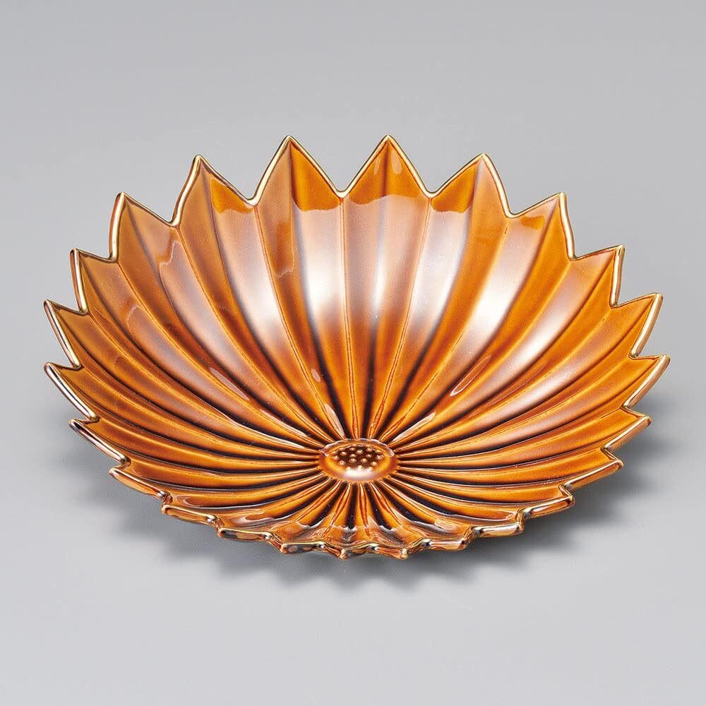 KU 美濃焼! ☆アメ釉渕金上り菊型皿☆ 45-4-057 新品 プレート 皿 小鉢 大鉢 ギフト拍卖